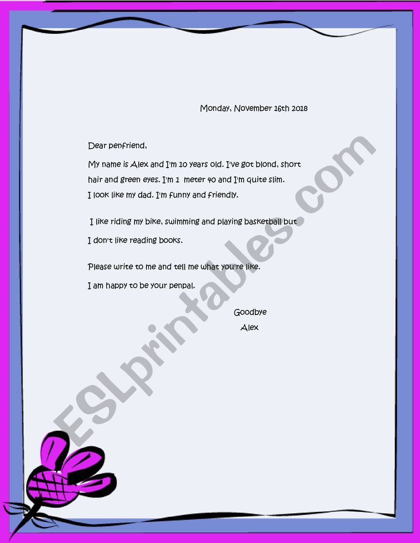  Letter to a penpal worksheet