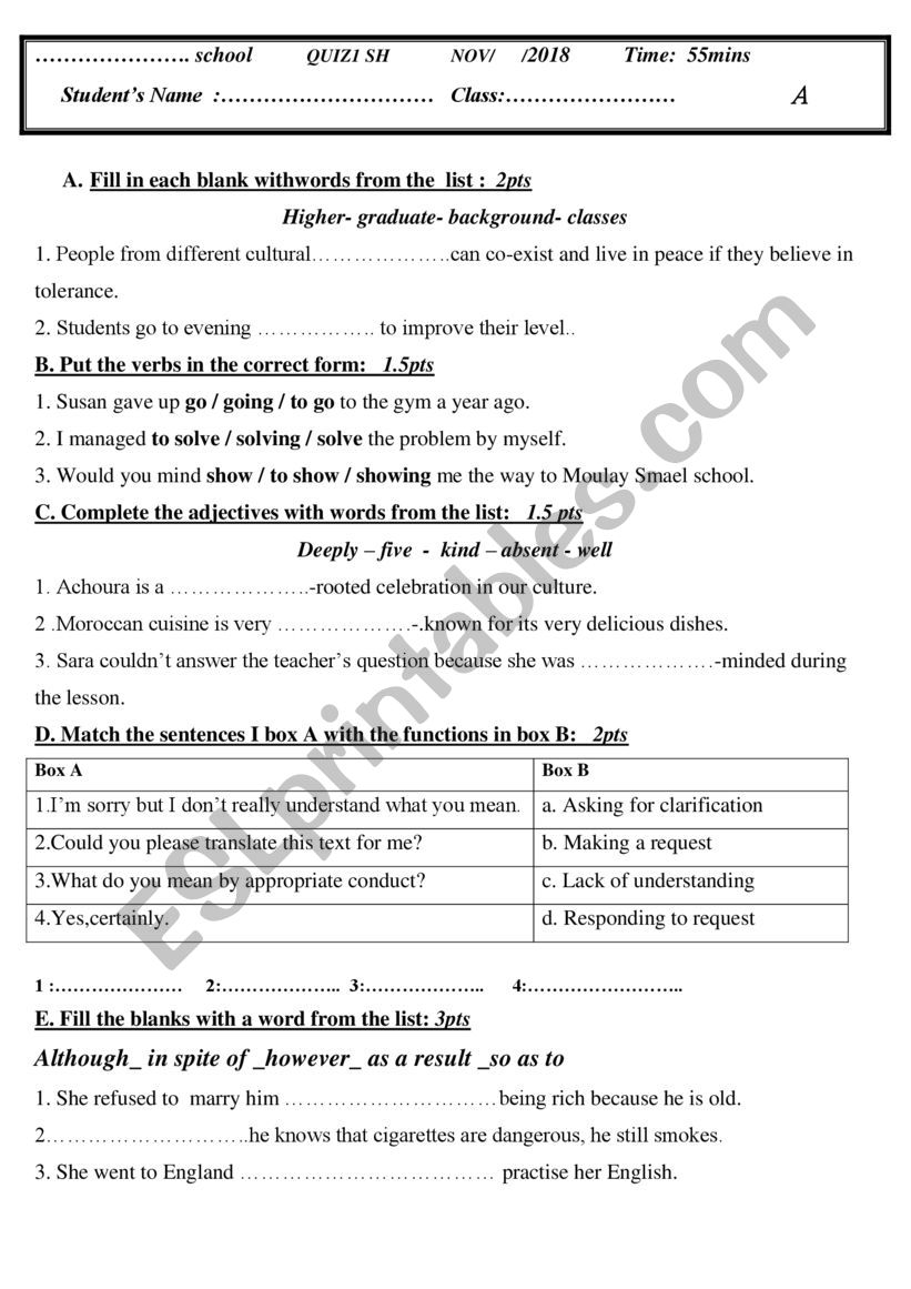 Grammar and vocab test unit 1 and 2