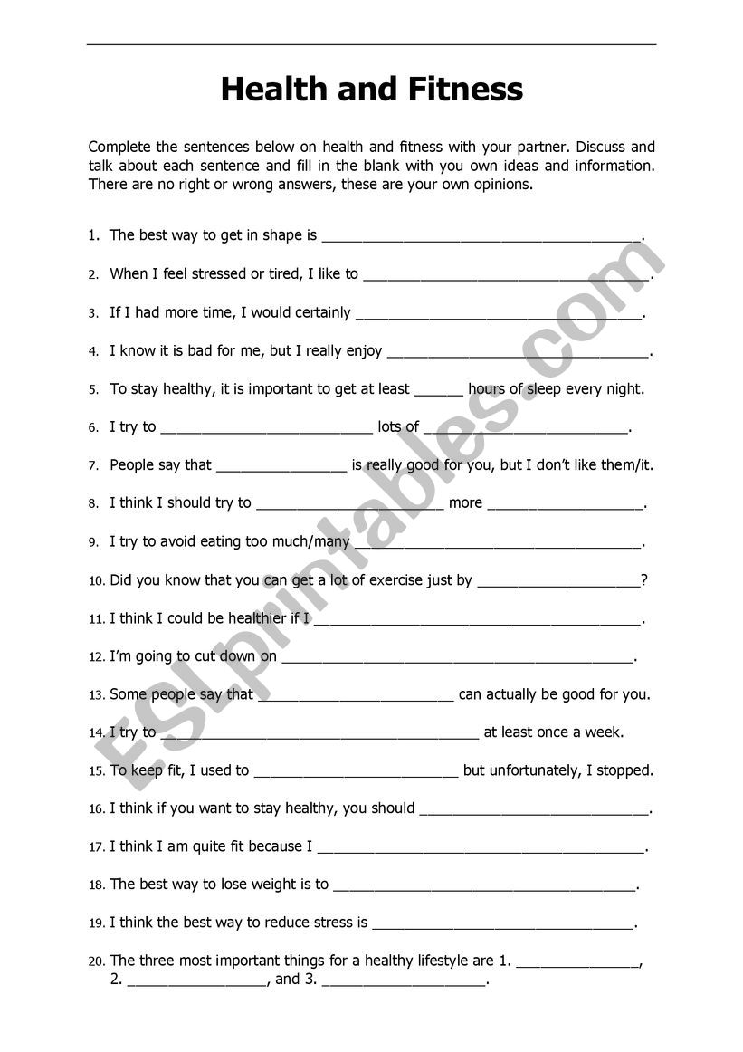 Health and Fitness worksheet