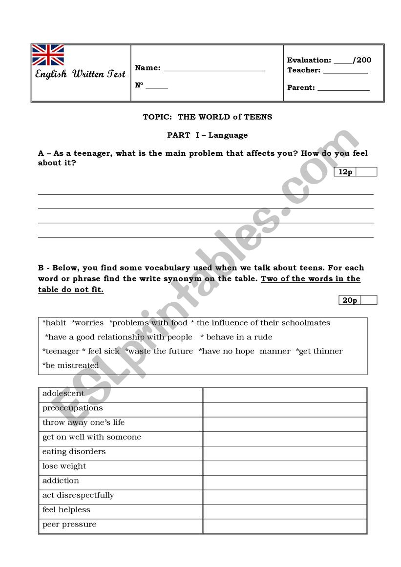 The World of Teens worksheet