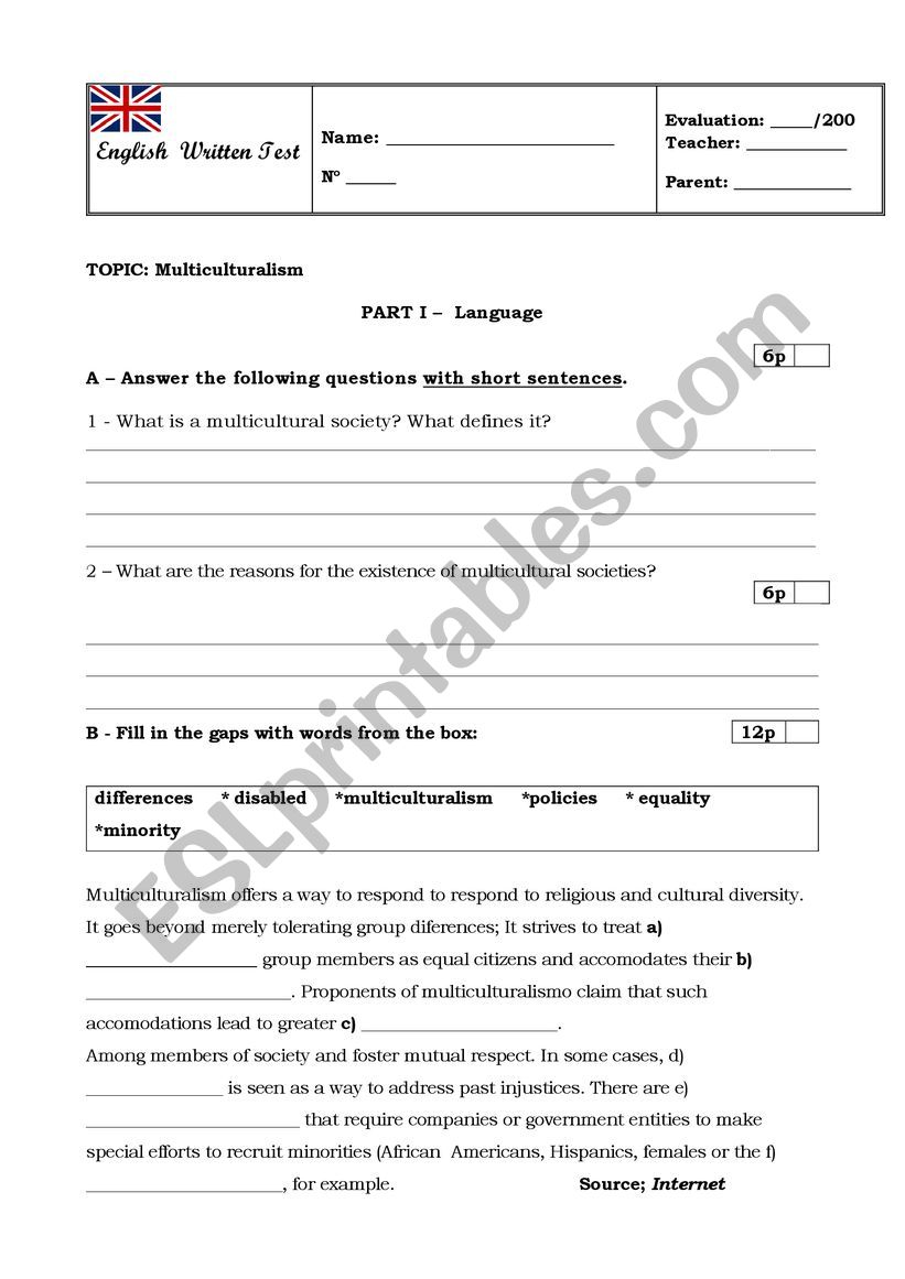 Multiculturalism worksheet