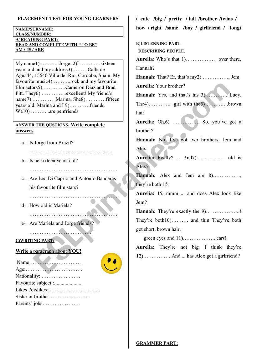 placement test worksheet