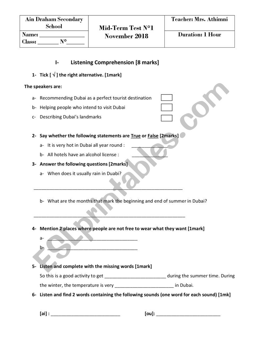 4th form mid term test 1 worksheet