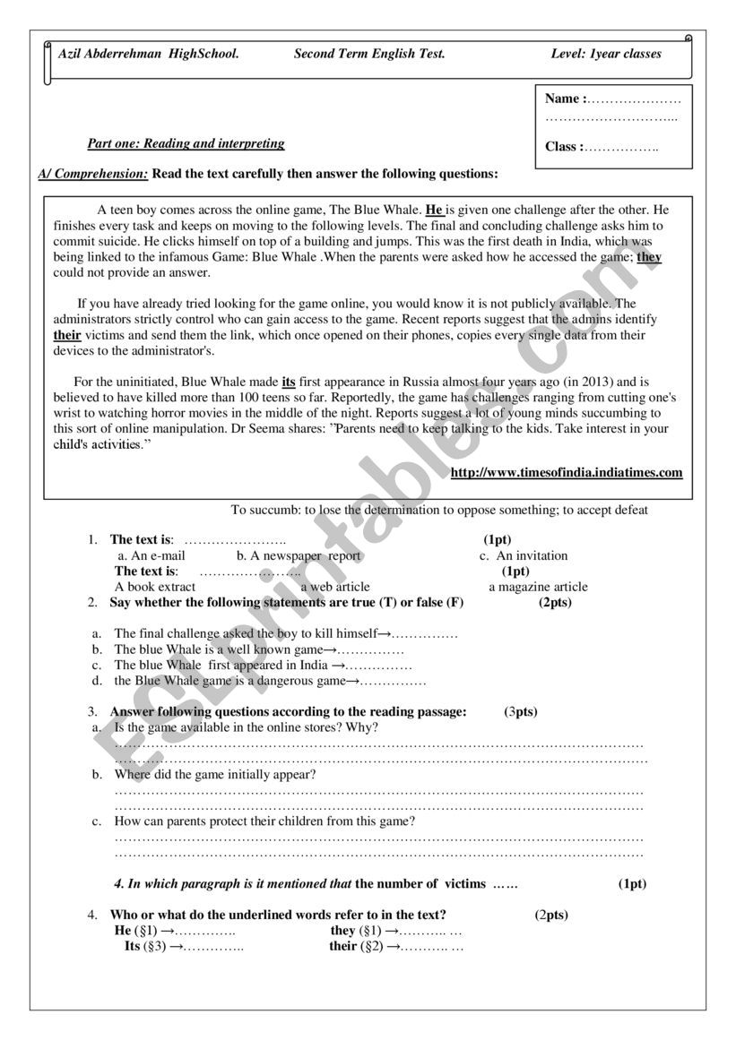 blue whale article  worksheet