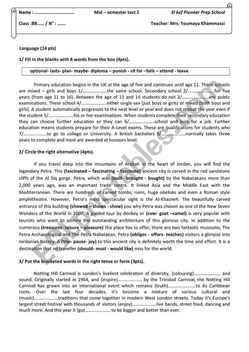 8th form test worksheet