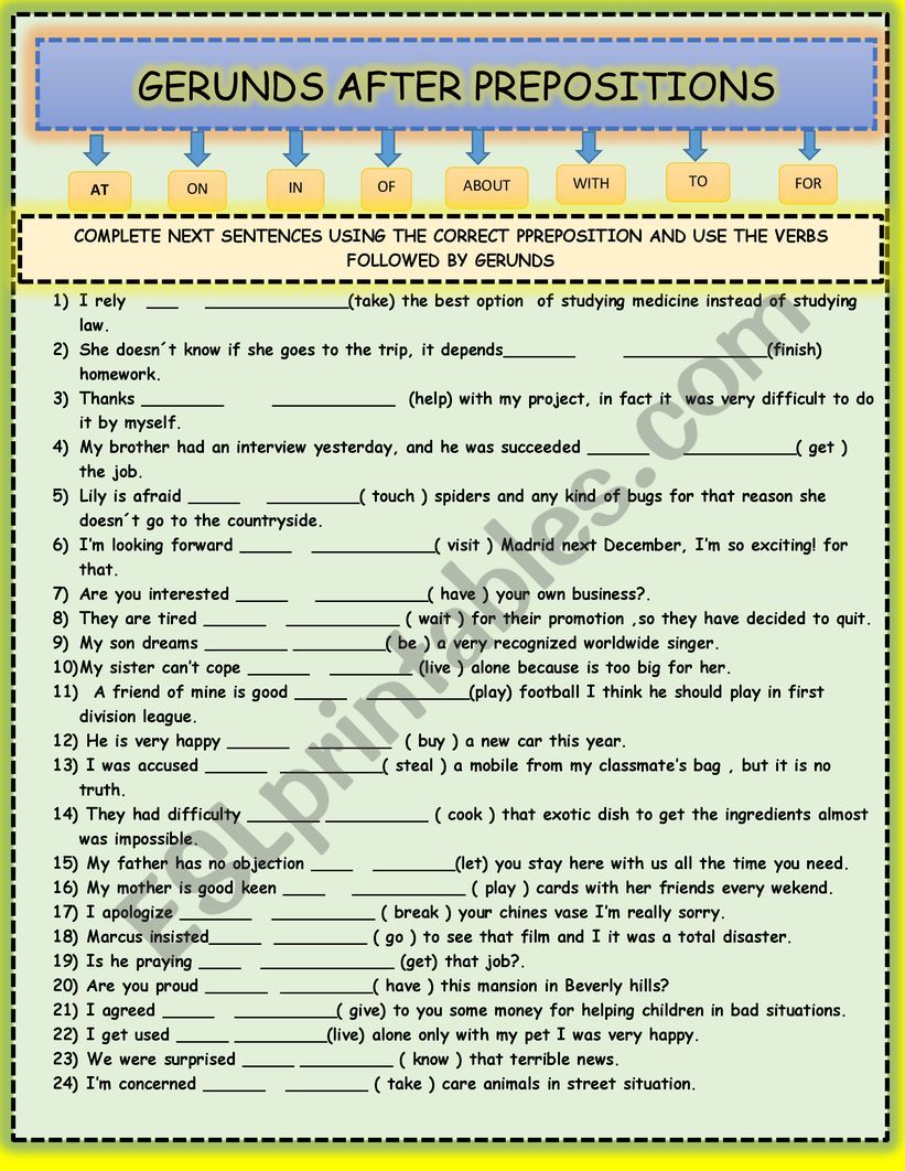 GERUNDS AFTER PREPOSITIONS worksheet