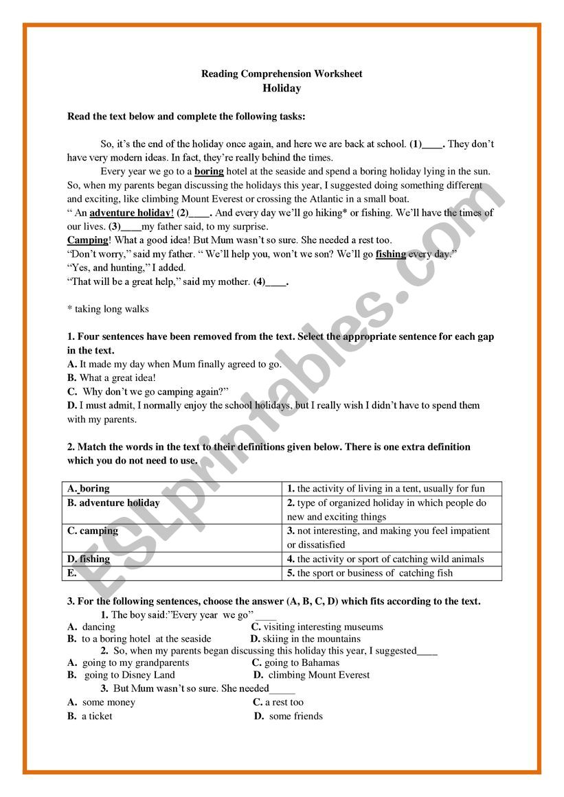 Holiday reading comprehension worksheet