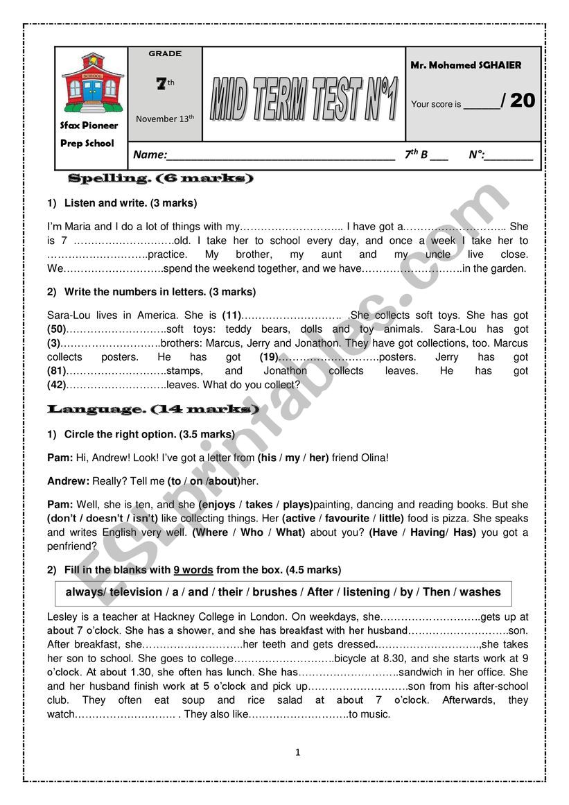 7th Form Mid Term 1 Test   Sfax Pioneer Prep School 