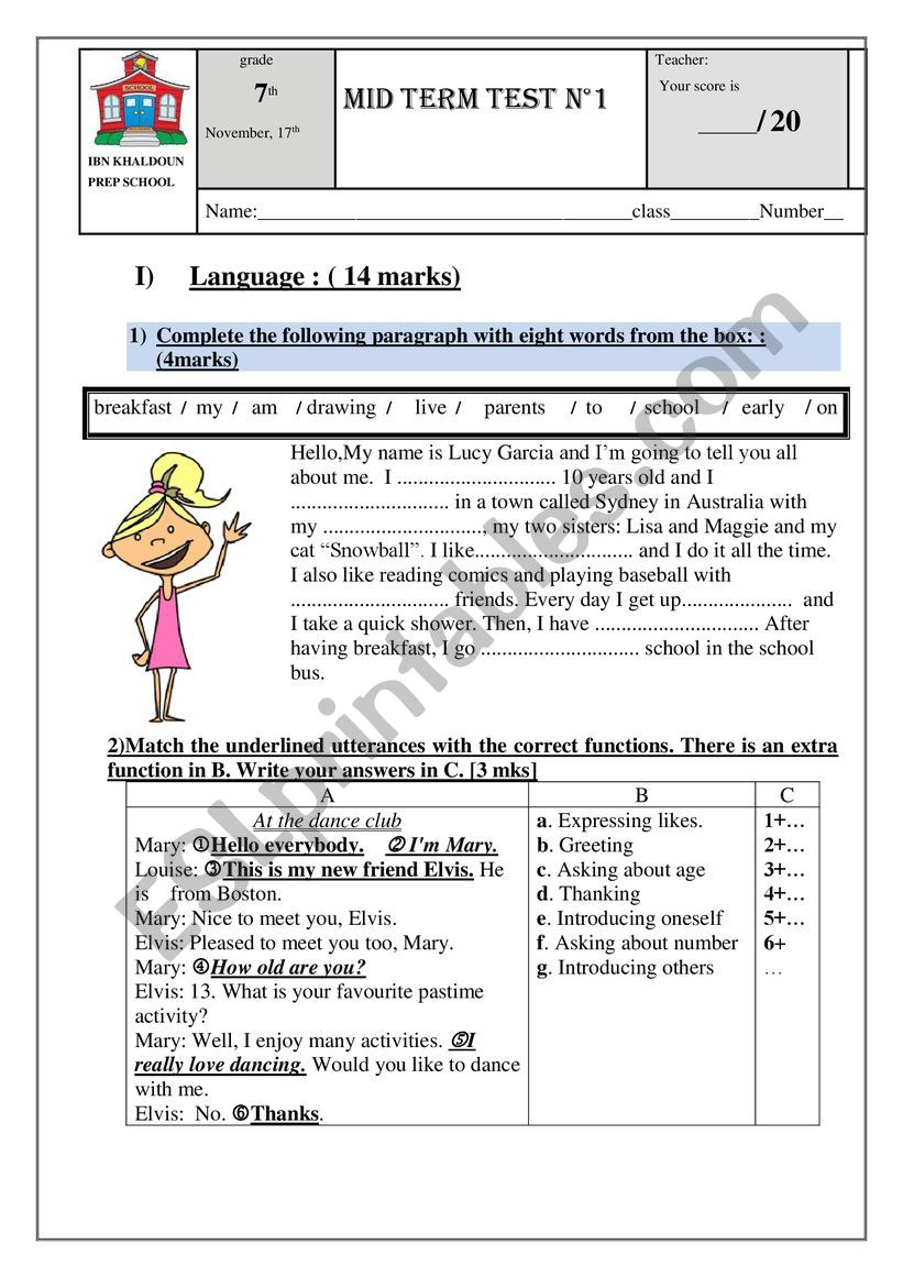 mid term test n1 for 7th worksheet