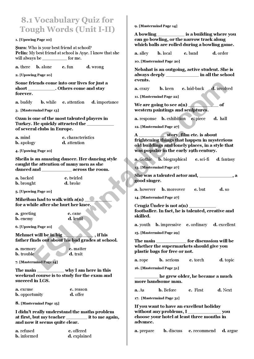 8.1 VOCABULARY Test for Tough Words (Units I-II)