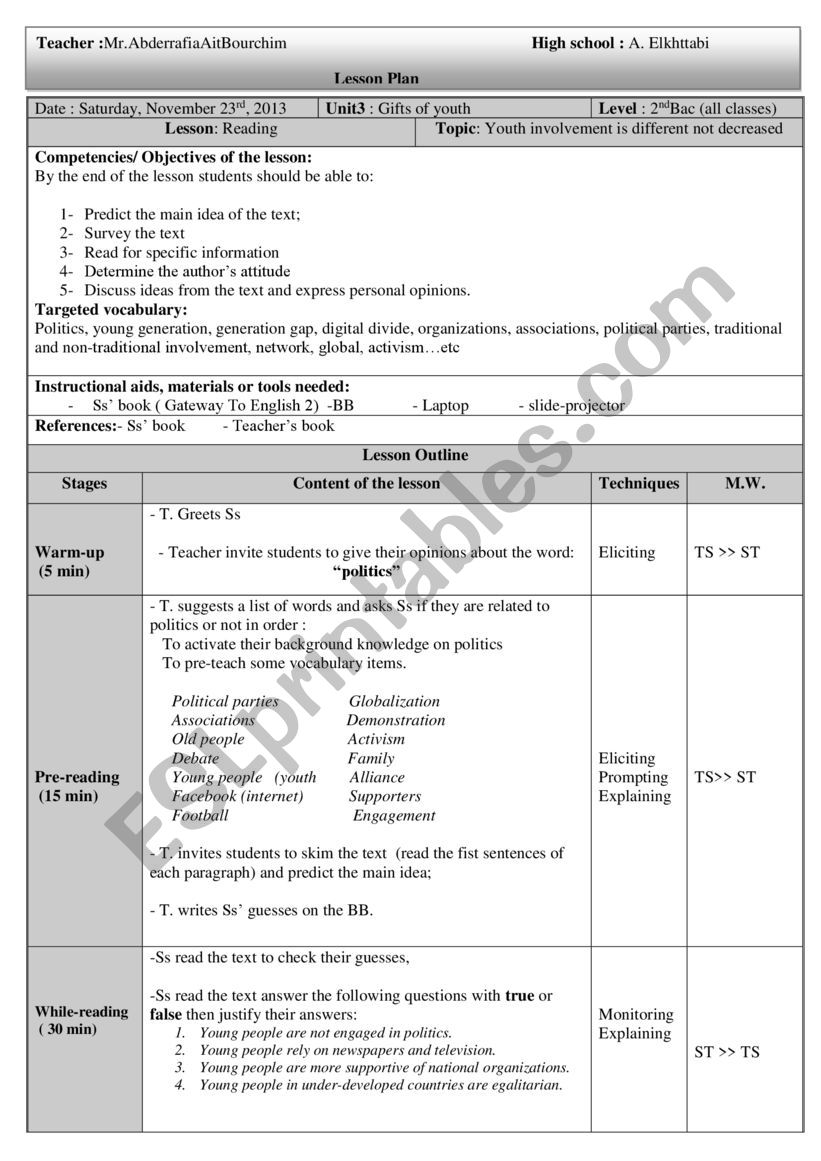 youth engagement in politics worksheet