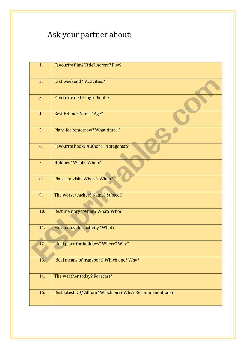 Ask your partner  worksheet