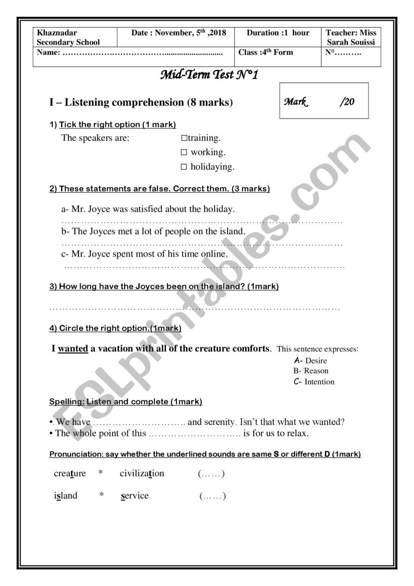 Mid-term test N 1 4th form worksheet