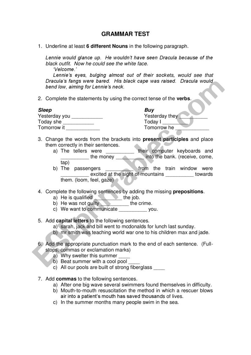 Grammar test worksheet