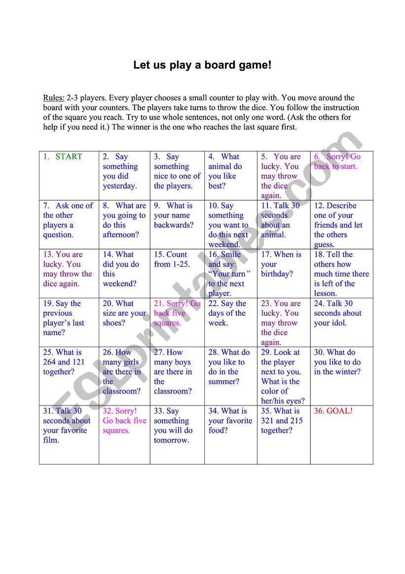 Board game talking worksheet