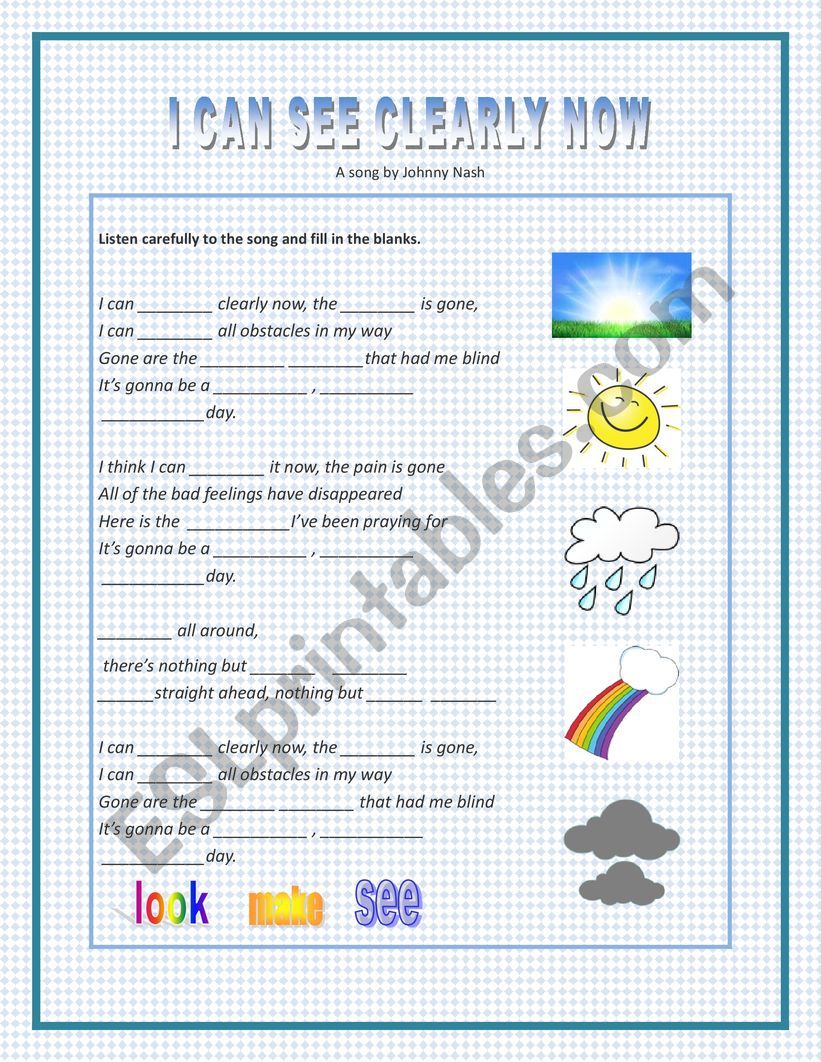 I can see clearly now worksheet