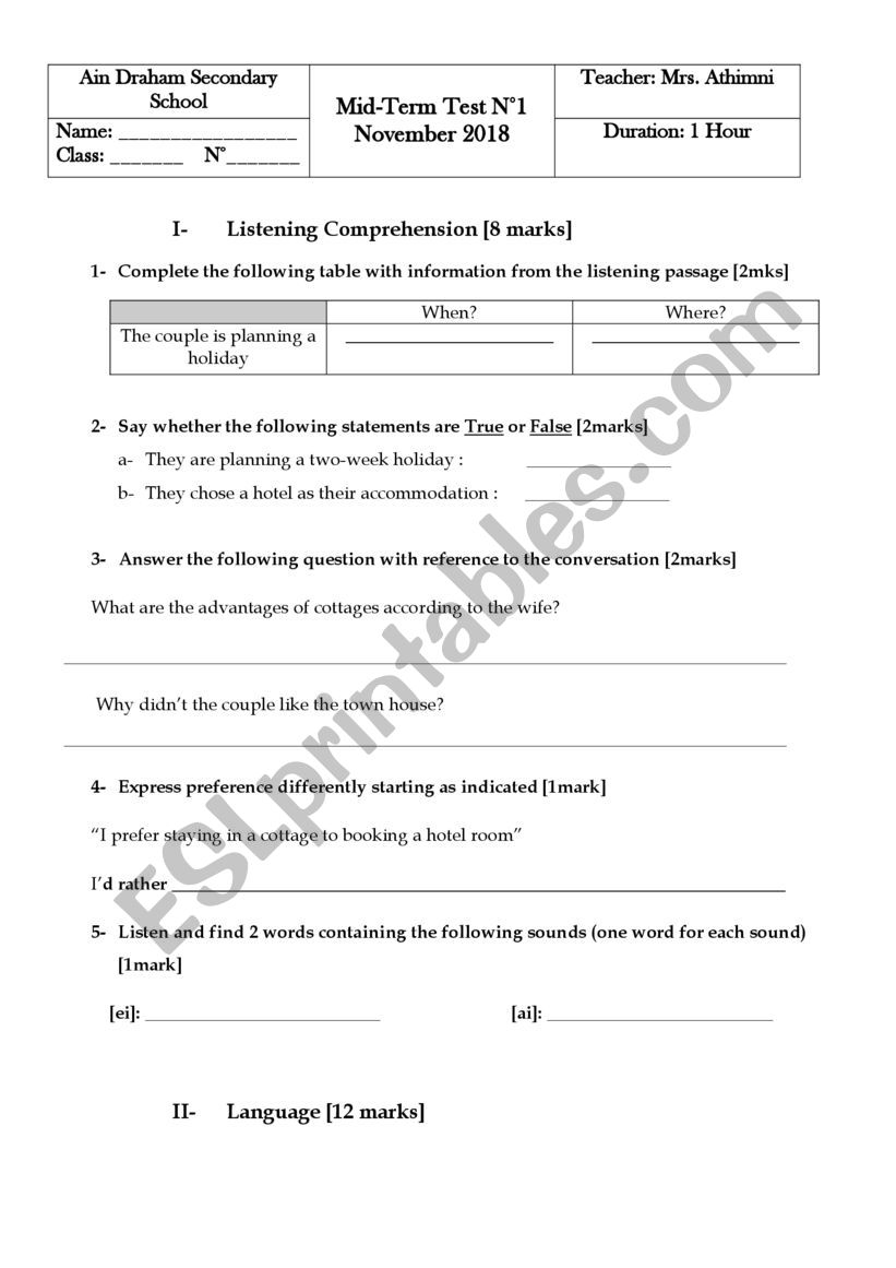 Mid term test 1 Bac  worksheet