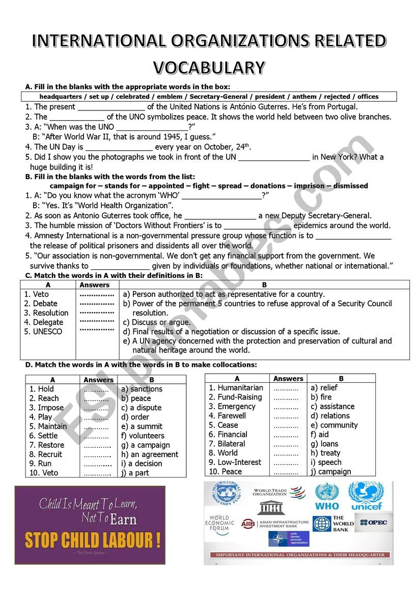 INTERNATIONAL ORGANISATIONS worksheet