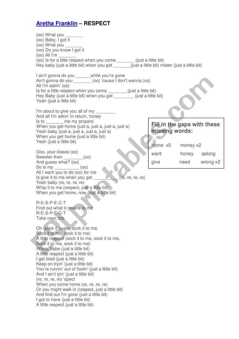 Aretha Franklin RESPECT worksheet