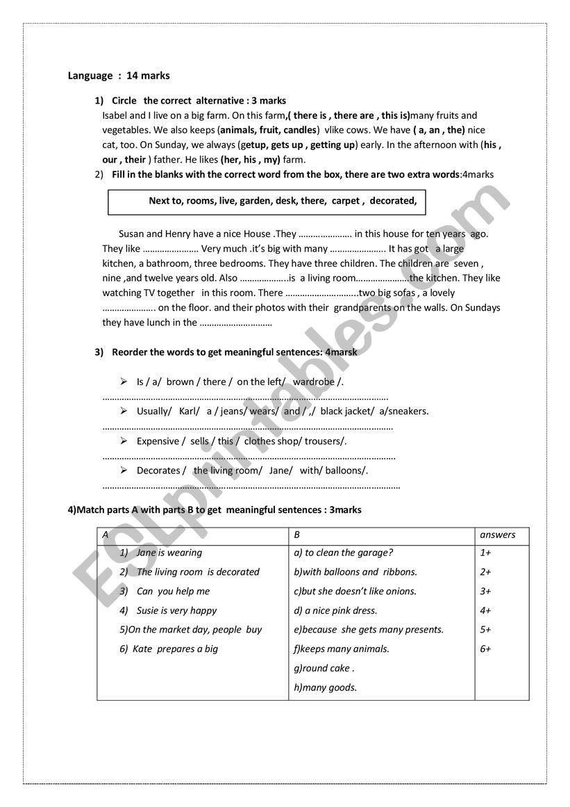 test 7 th form worksheet