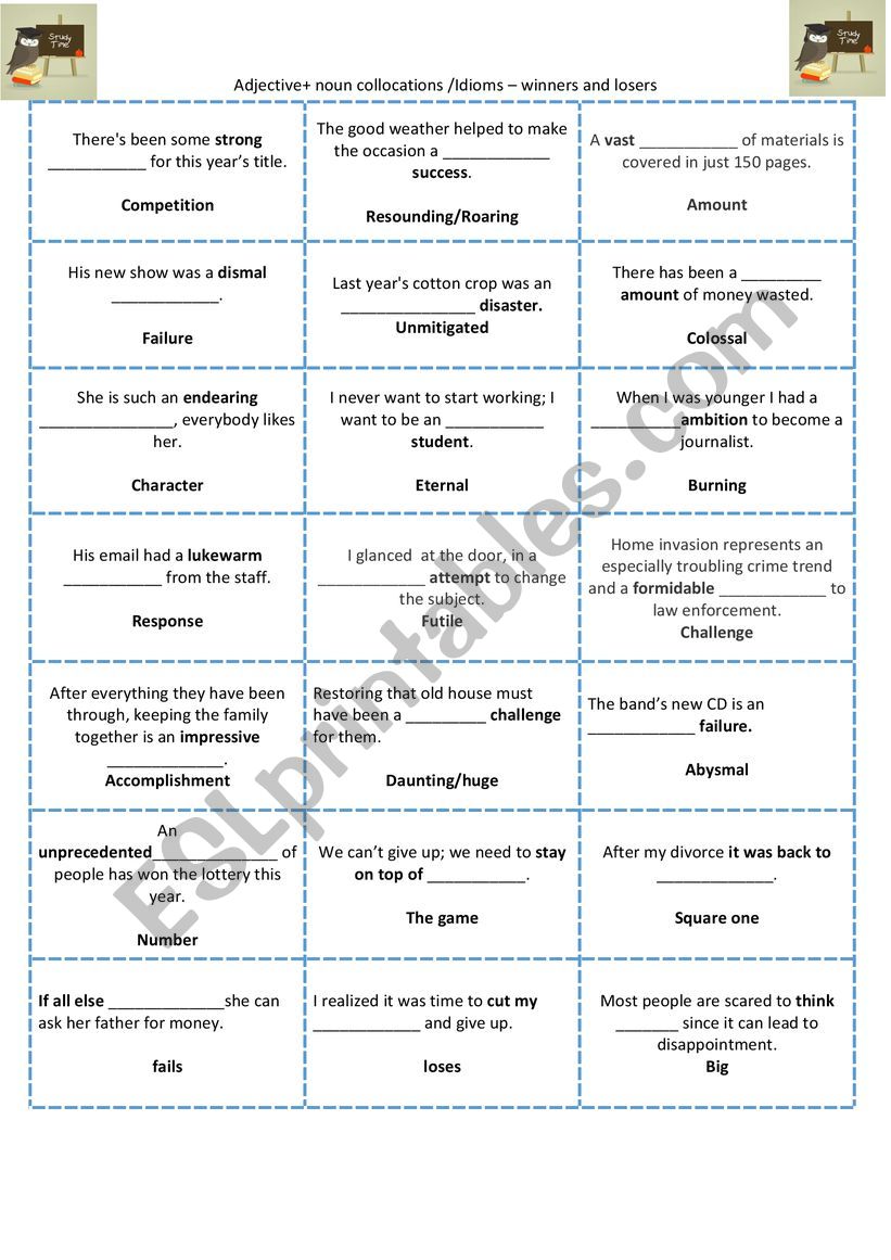 Collocations and idioms- winners and losers- speaking cards