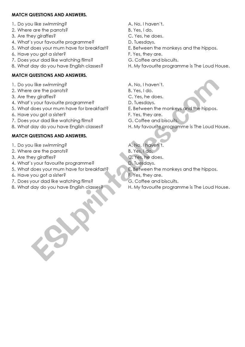 Match questions and answers worksheet