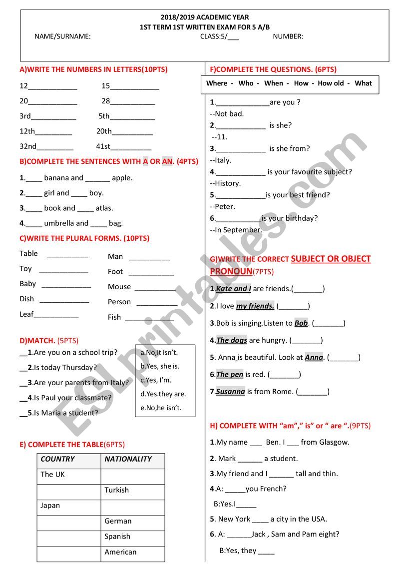 exam/revision worksheet