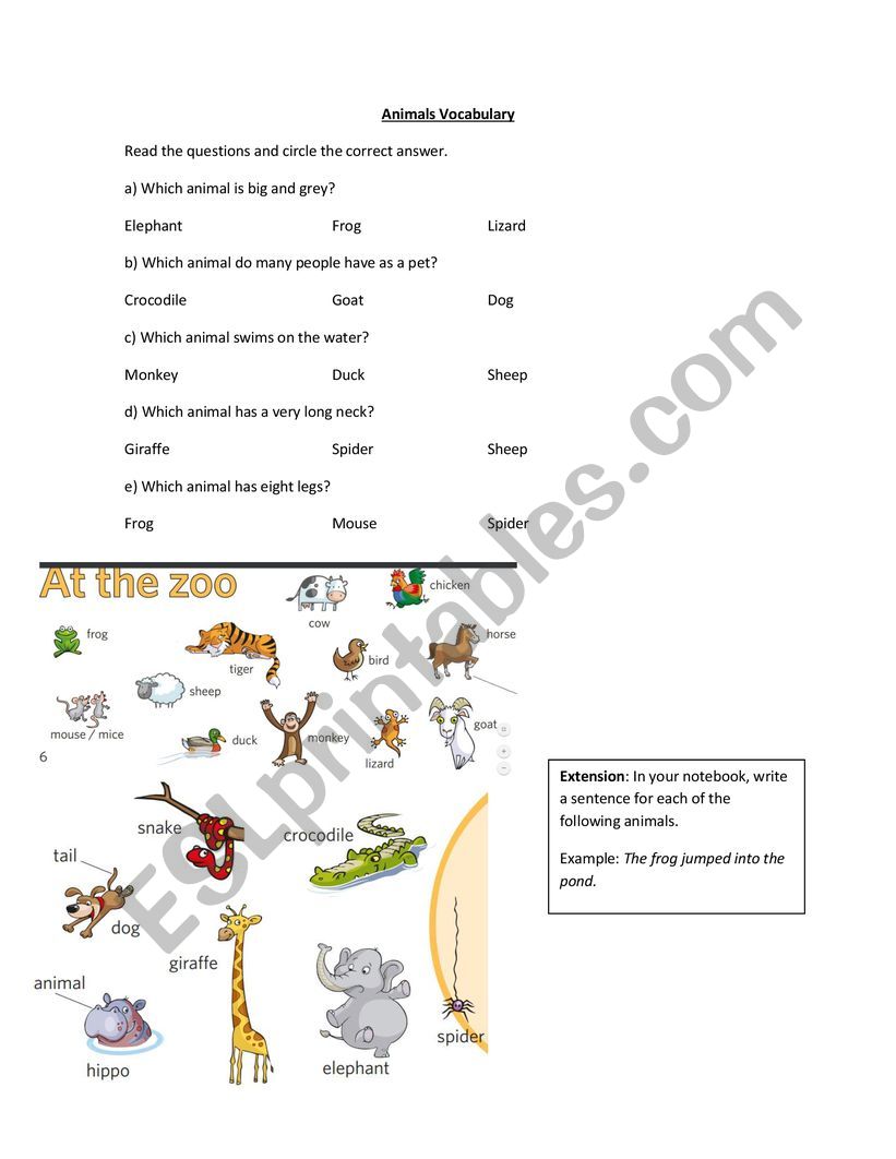 Animal Vocabulary worksheet
