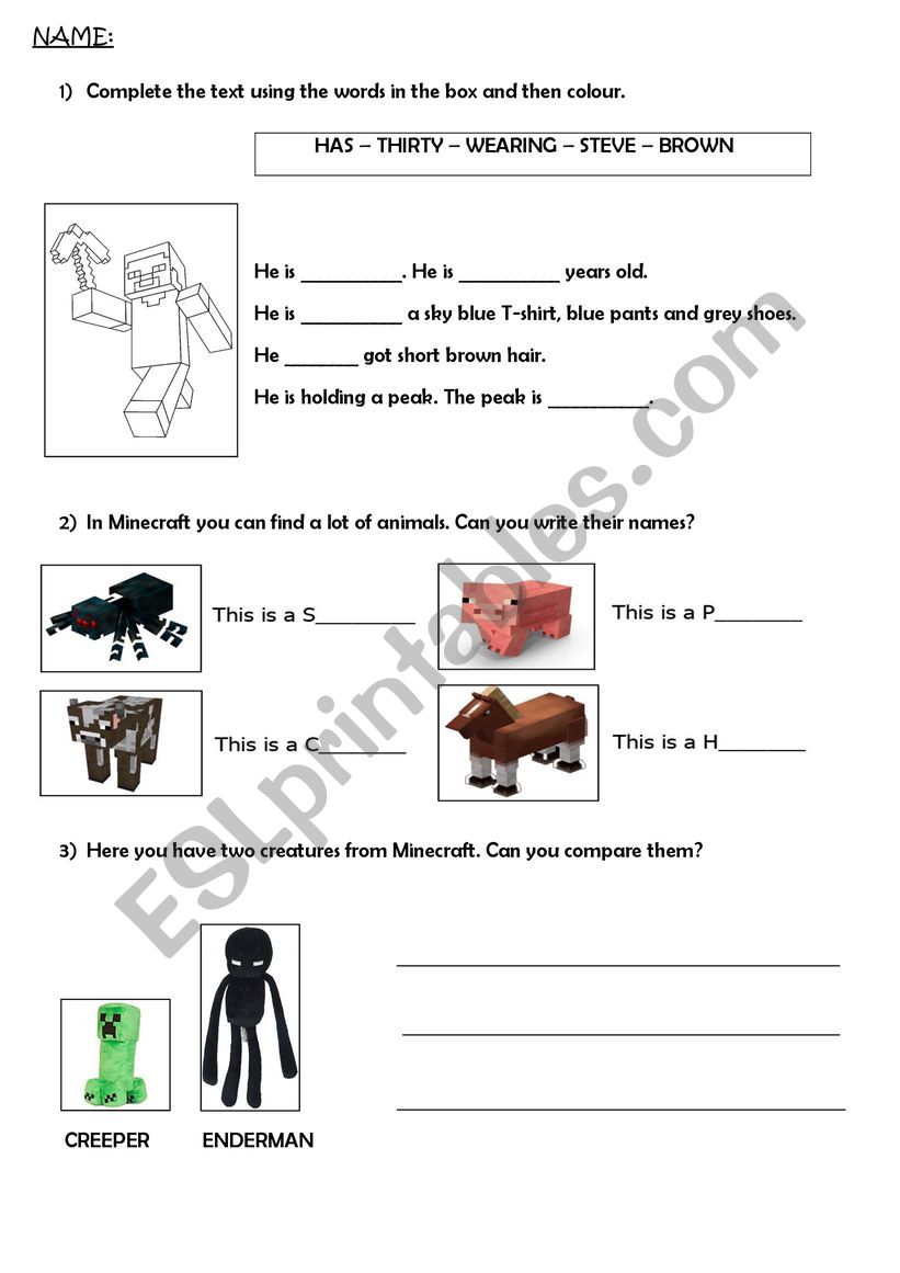 Minecraft for kids worksheet