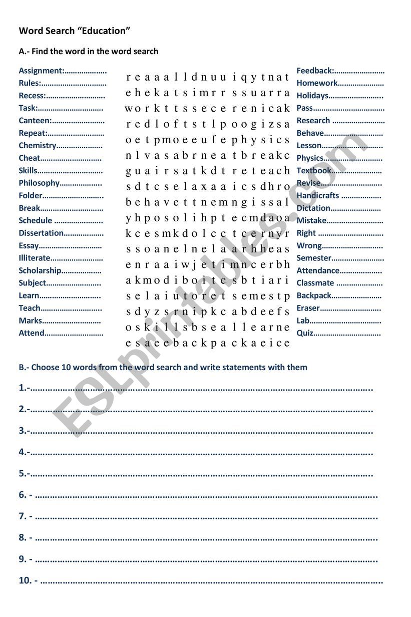 word search education worksheet