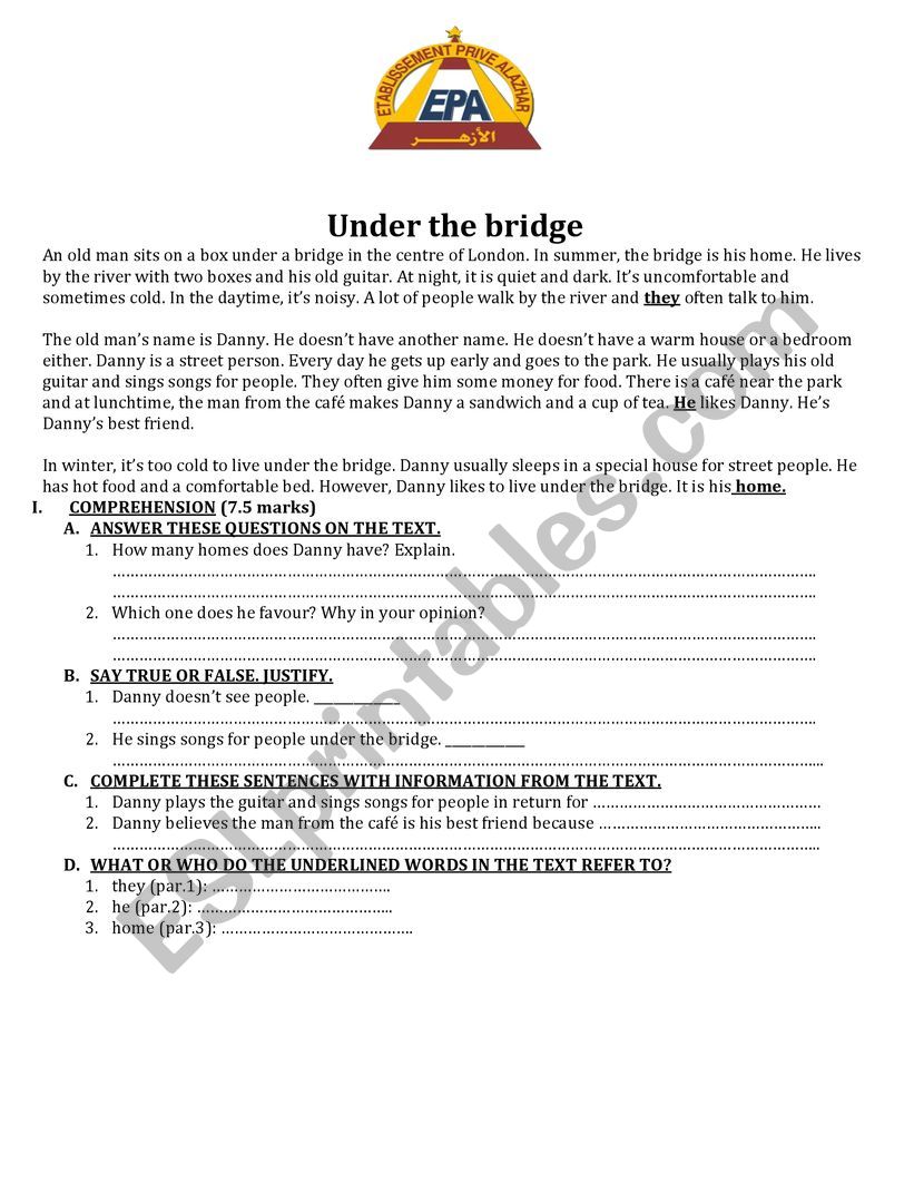 Under the bridge worksheet