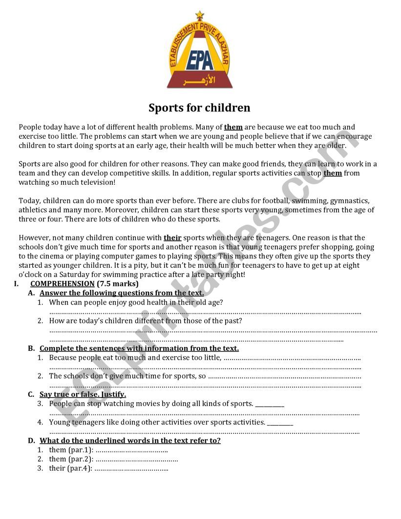 Sports for children worksheet