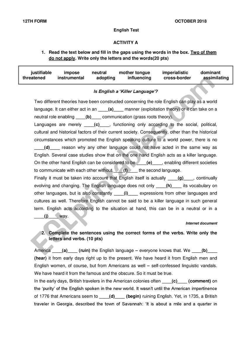 Test 12th grade - Unit 1 worksheet