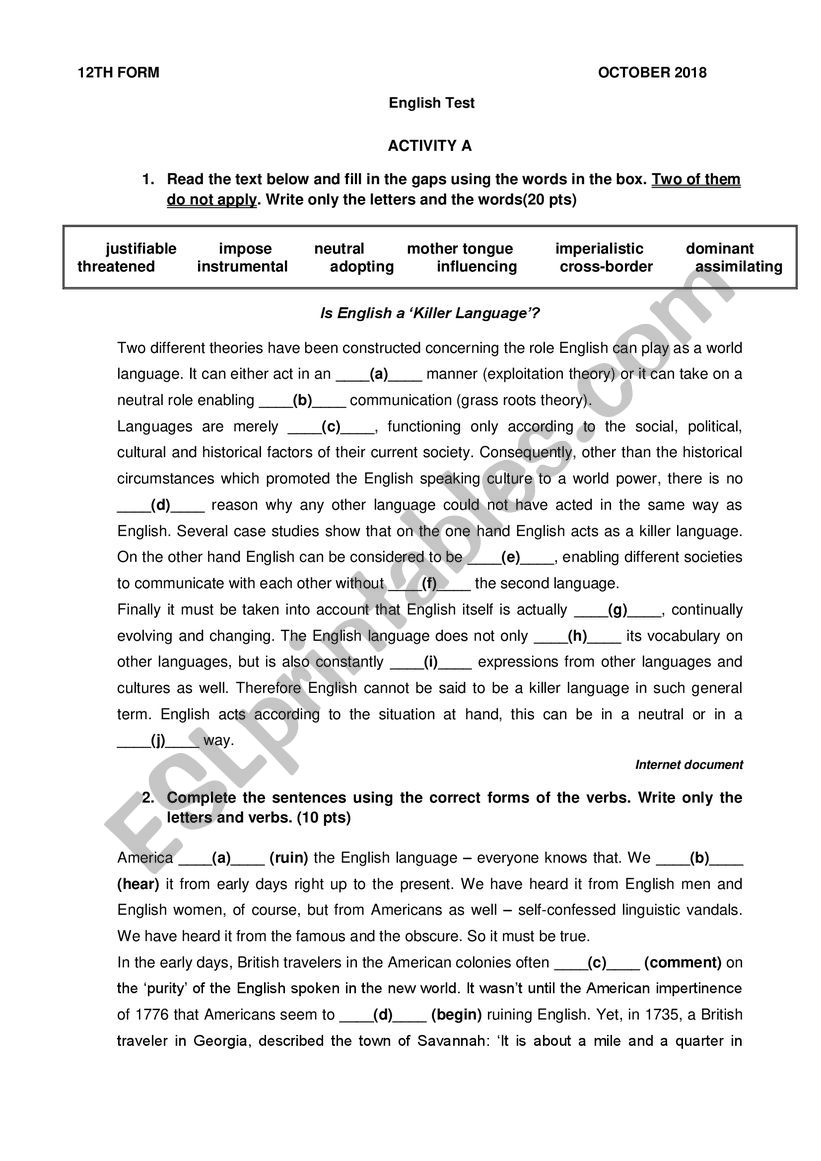 Test 12th grade - Unit 1 worksheet