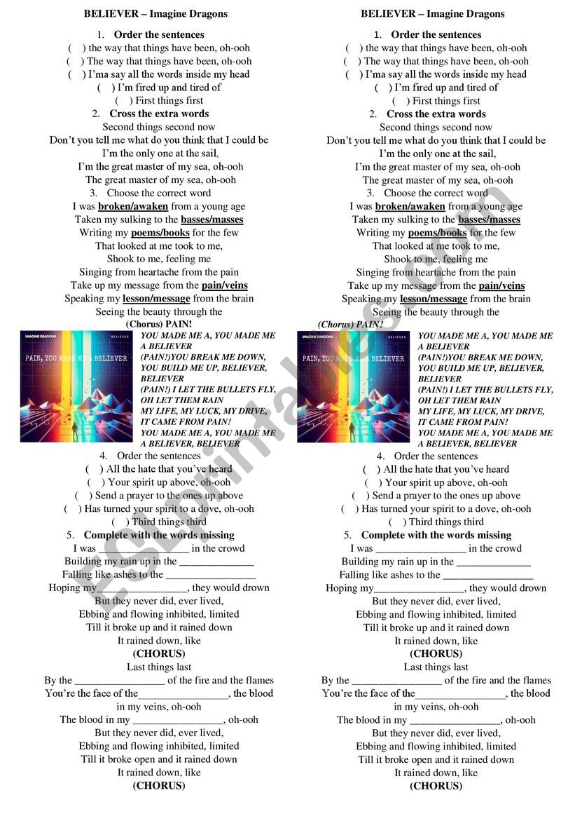 Believer - Imagine Dragons song worksheet