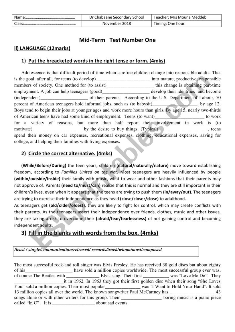 mid-term test first tunisian formers high school level