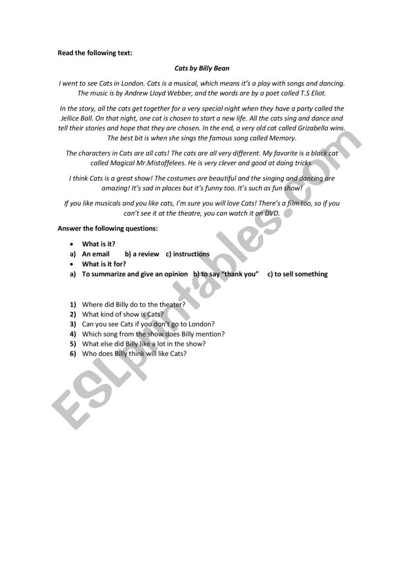 Reading Comprehension worksheet