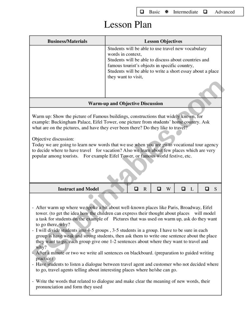 Lesson Plan Travel worksheet