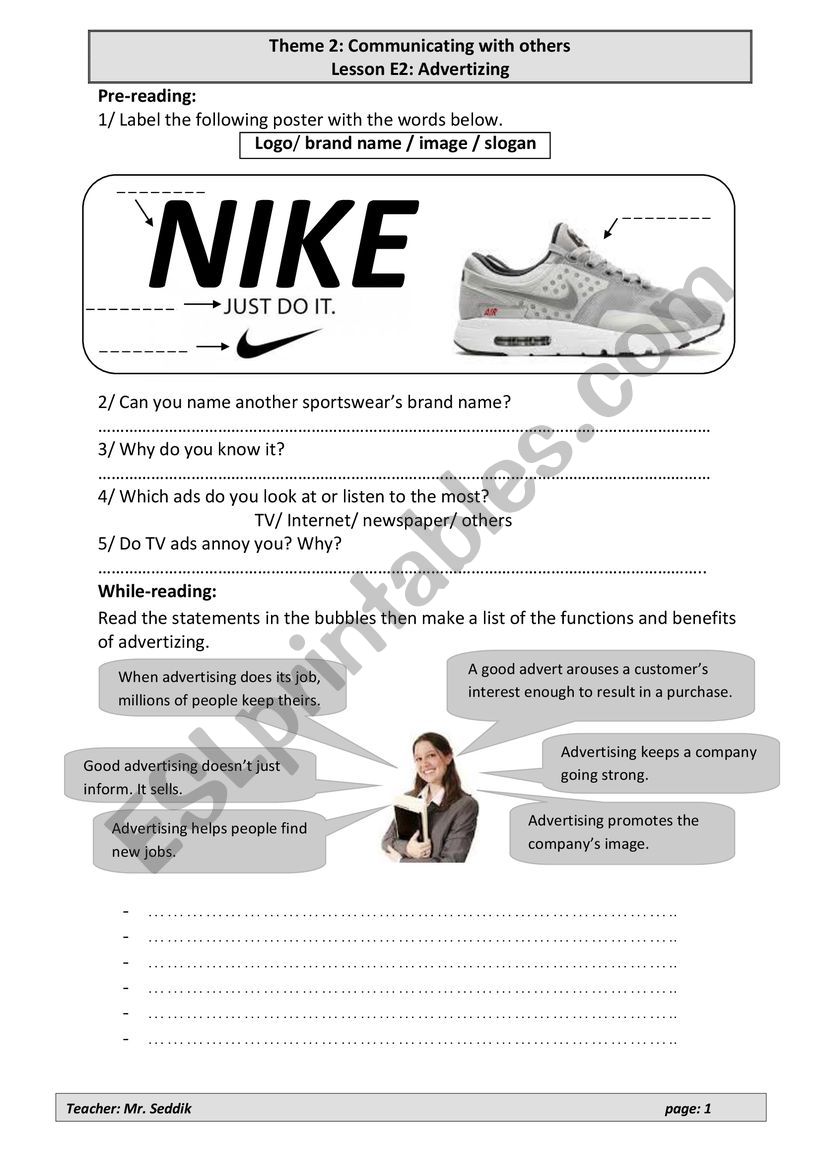 Lesson E2 Advertizing worksheet