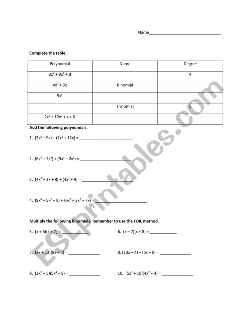 Polynomials worksheet