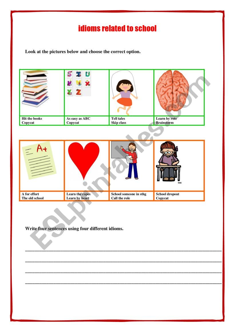 Idioms related to school worksheet