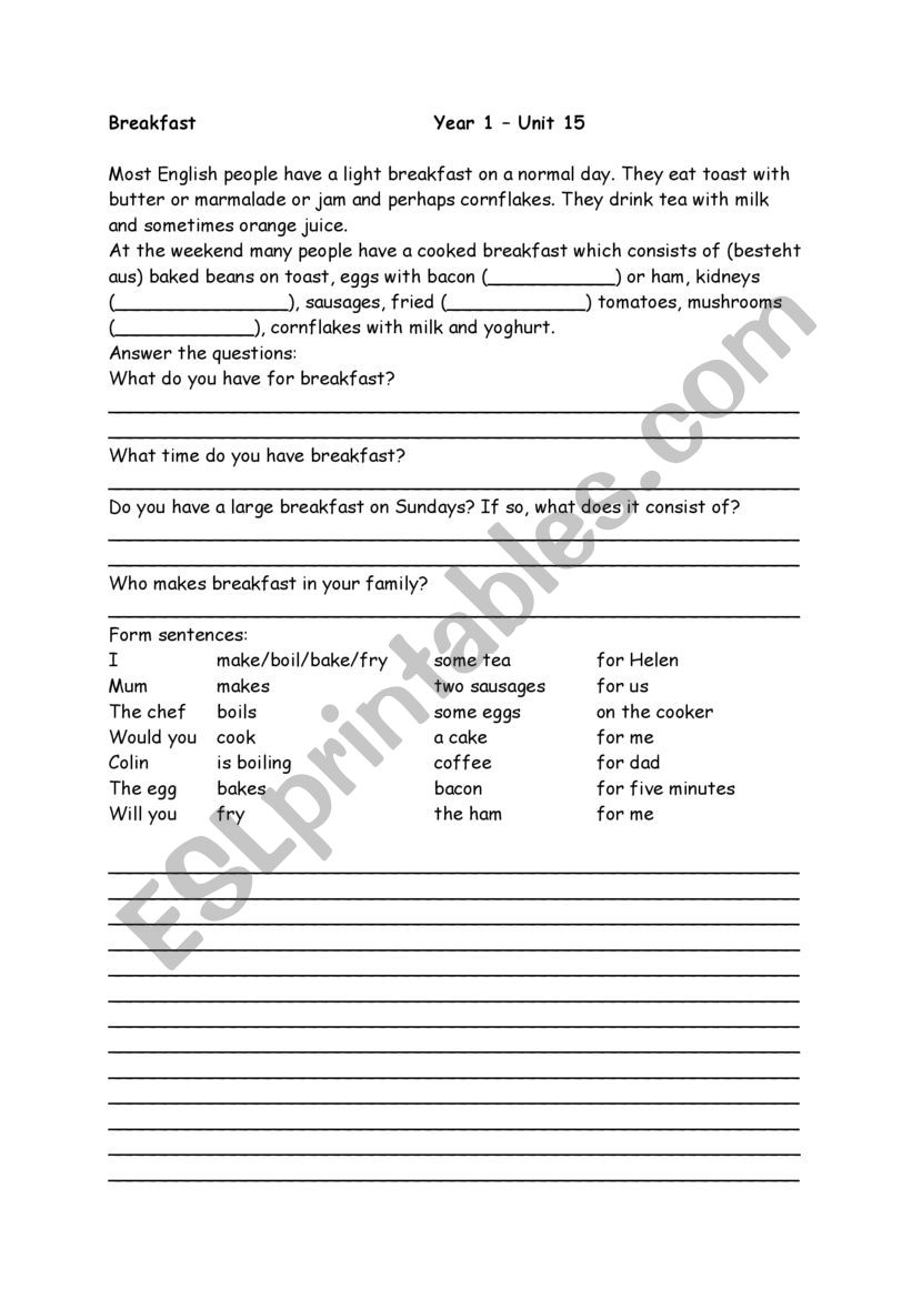 Breakfast worksheet  worksheet