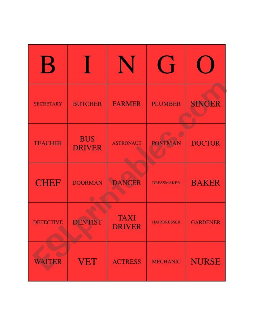 jobs and occupation bingo worksheet