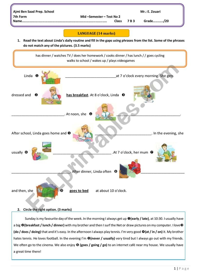 English Mid Term Test 1 worksheet