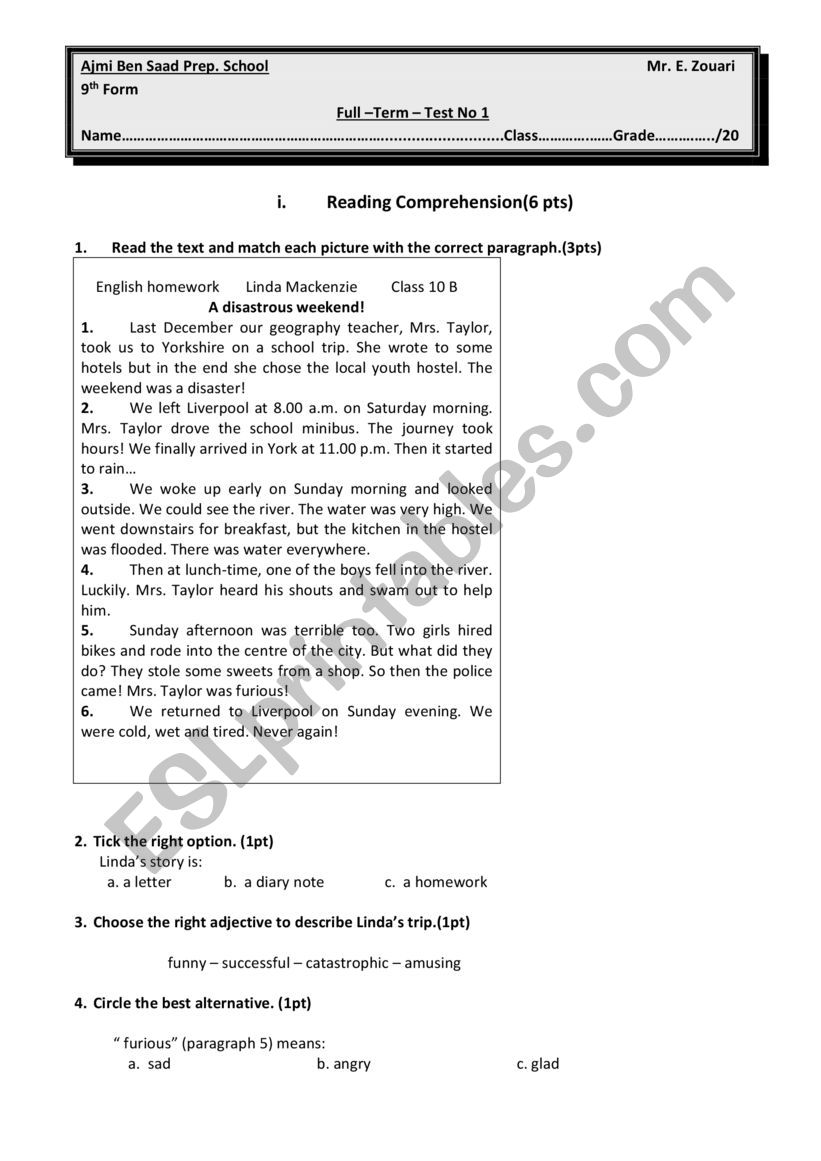 English Full Term Test 1 worksheet