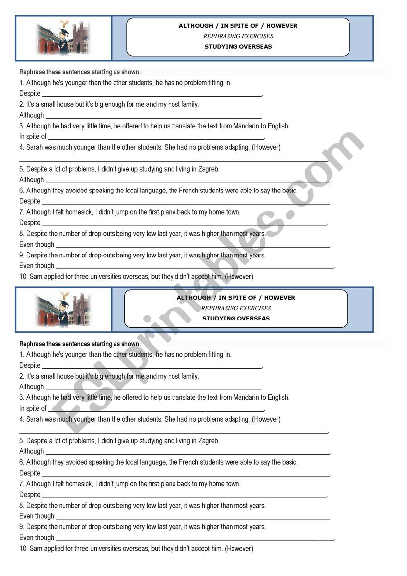 Rephrasing - Contrast Clause worksheet