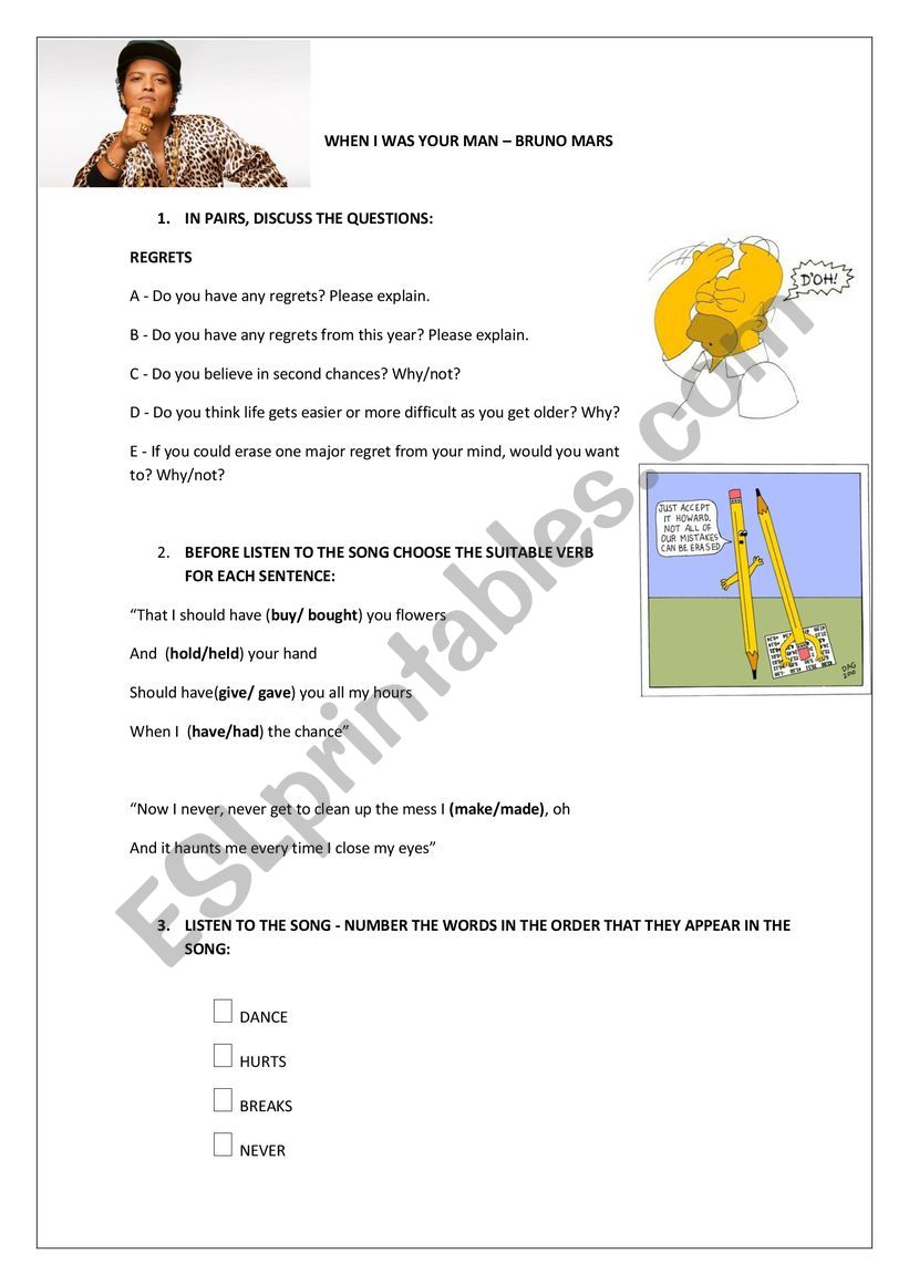 Song: When I was your man worksheet