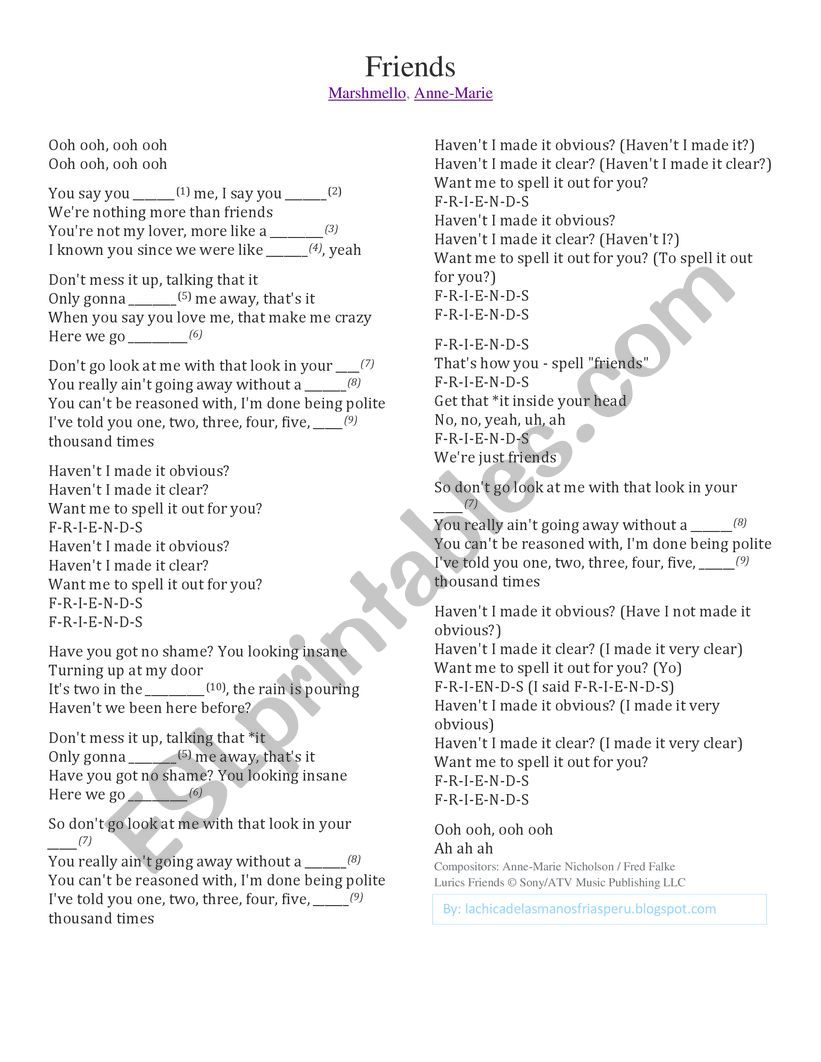 Friends By Marshmallow Ft Anne Marie Lyrics Esl Worksheet By Angyosorio