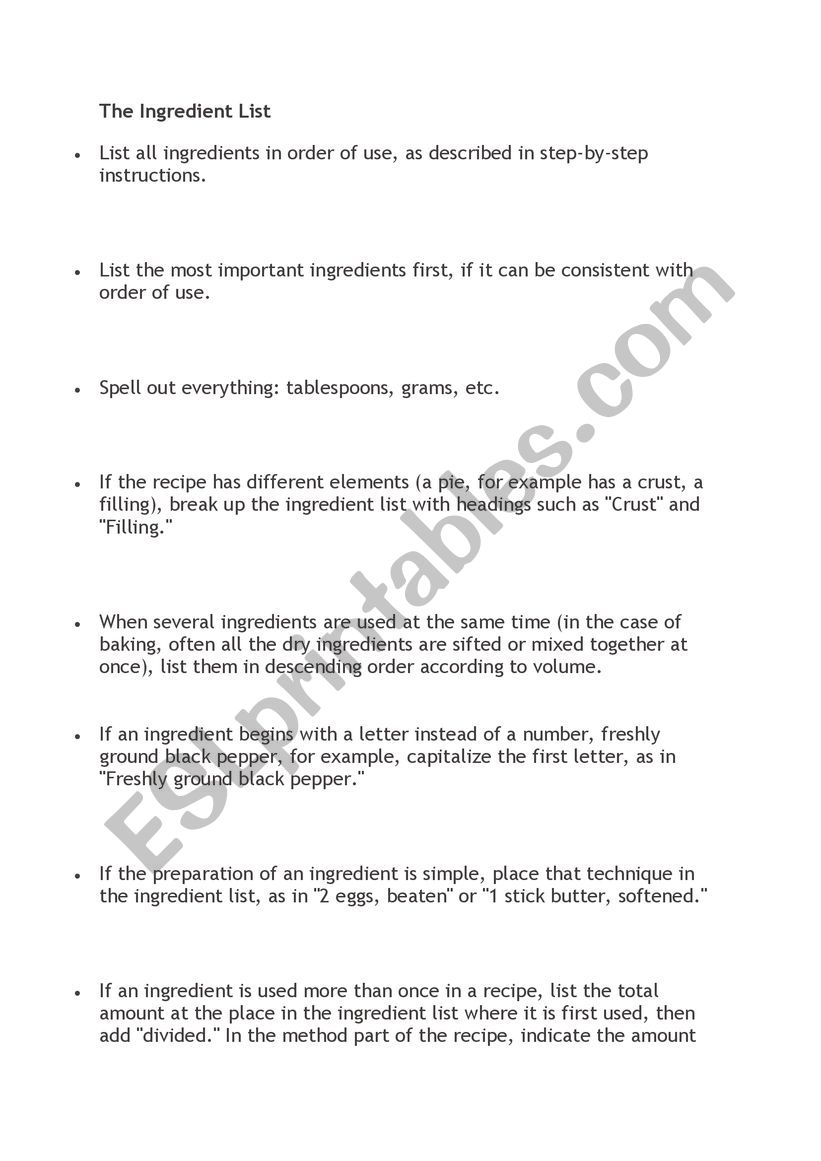 ingredients chronology worksheet