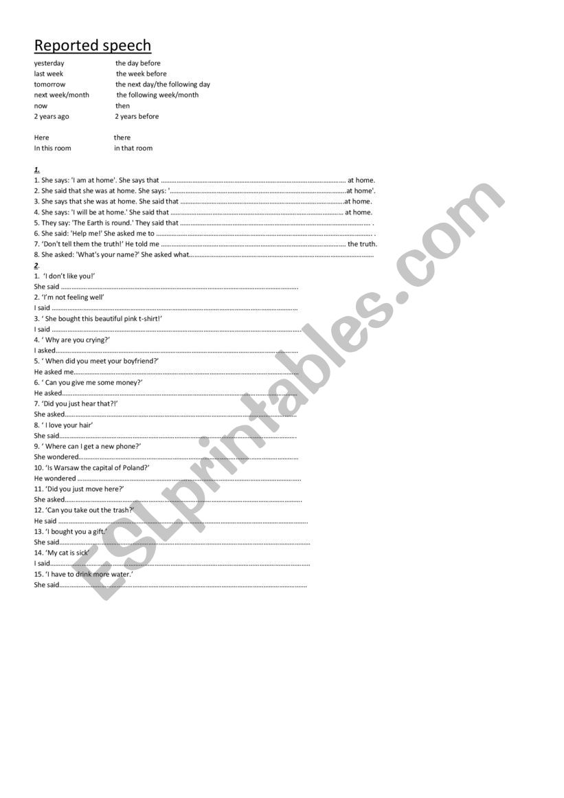 reported speech worksheet